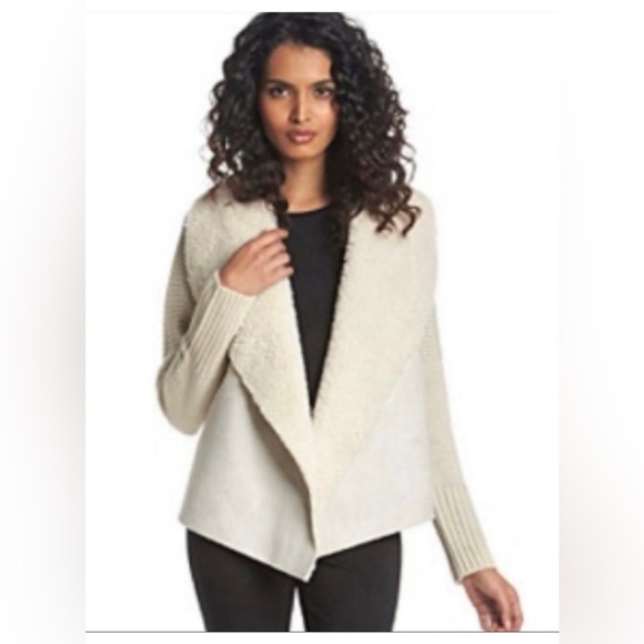 Chelsea and Theodore Suede Faux Fur Open Front Cardigan Sweater Jacket Size L - Picture 1 of 3